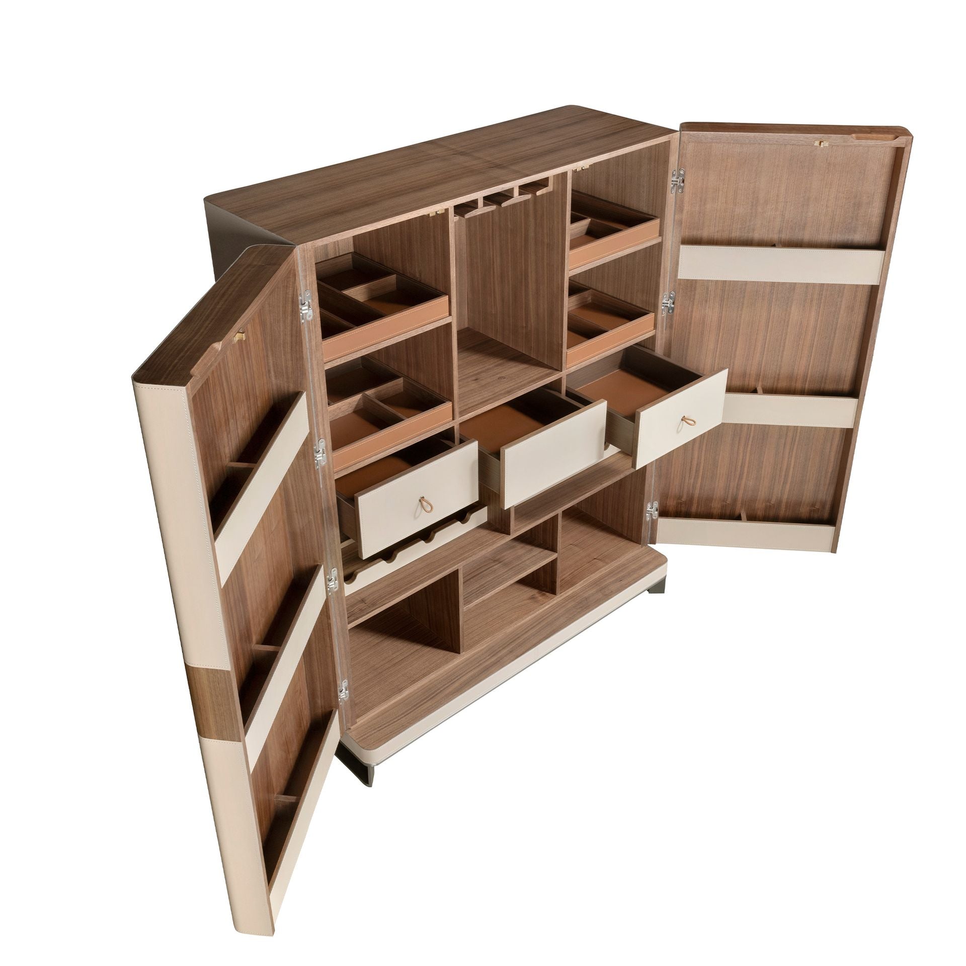 Credenza alta in pelle, noce e acciaio lucido