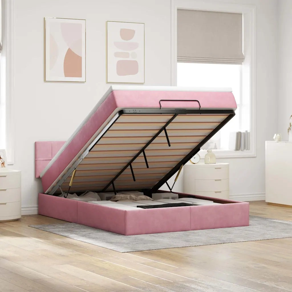 Struttura Letto Pouf con Materasso Rosa 140x200 cm in Velluto 3311782
