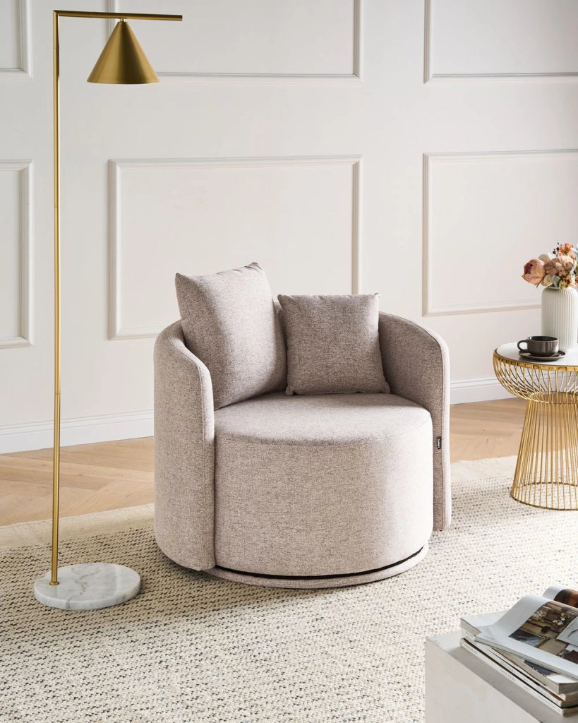 Poltrona girevole con 2 cuscini rivestimento in tessuto schienale arrotondato per soggiorno beige