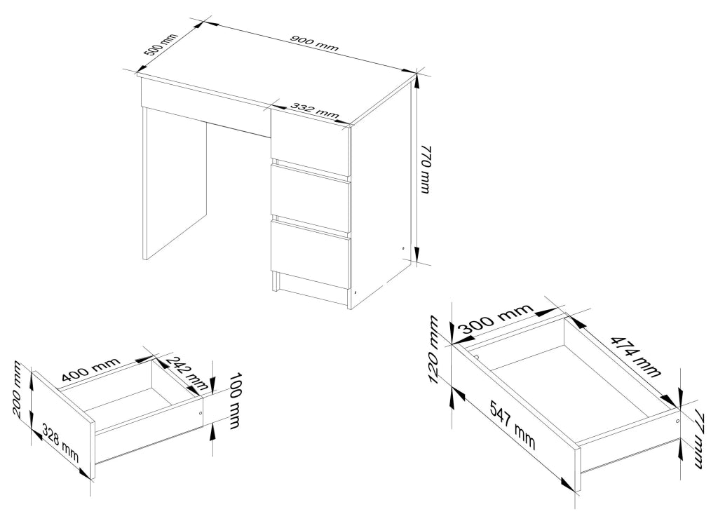 Scrivania per computer AKORD A7 Bianco 90 cm 4 cassetti inserto frontale Grigio Grafite 90x50x77 cm Modello a destra