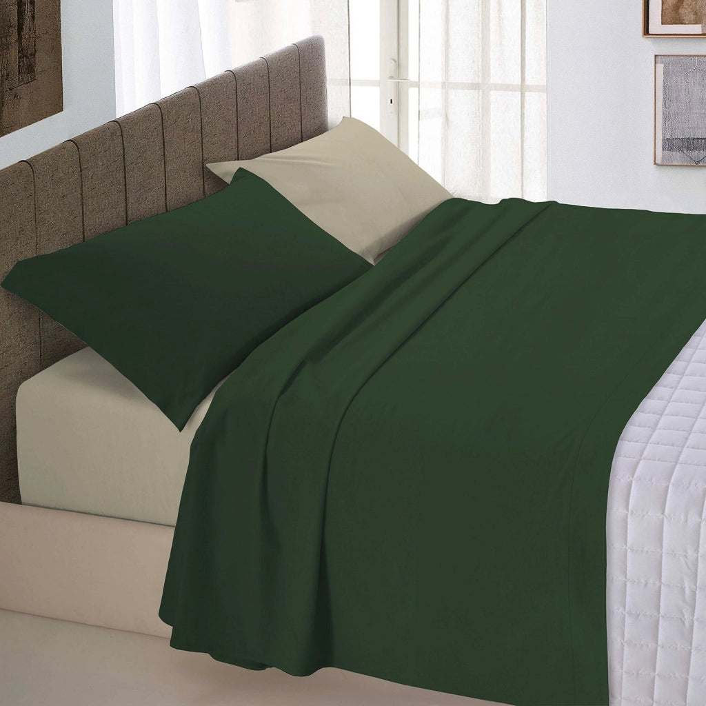 Set Lenzuola Matrimoniale Sopra Sotto e Federe Double Face Verde Oliva/Tortora