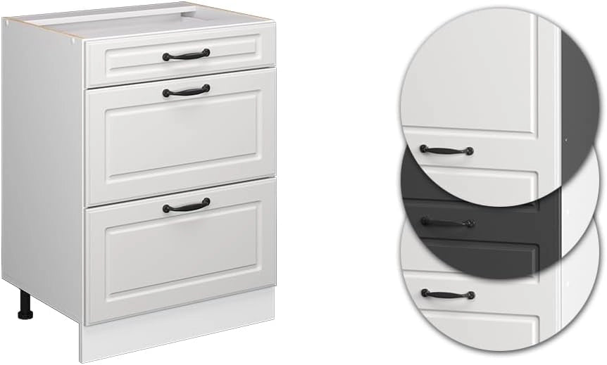 Mobiletto base per cucina R-Line, Bianco casa di campagna, 60 cm con cassetti, senza piano di lavoro, per la libera combinazione all'interno di sistemi cucina modulari