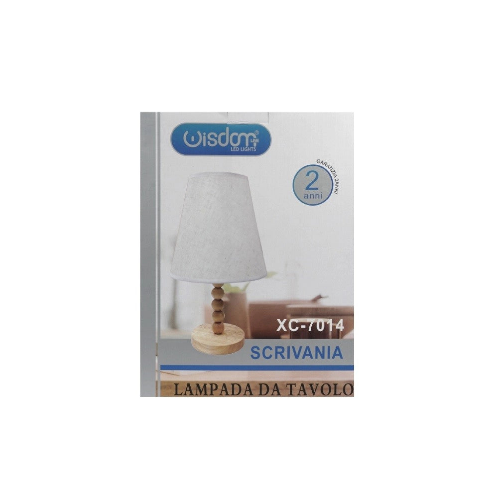 Trade Shop - Lampada Tavolo Con Base In Legno Con Motivo Paralume Bianco Attacco E27 Xc-7014 -