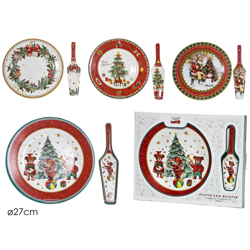 Trade Shop - Set Piatto Rotondo + Paletta Coordinata Di Natale In Ceramica Decorativa ø27cm 4 Modelli -