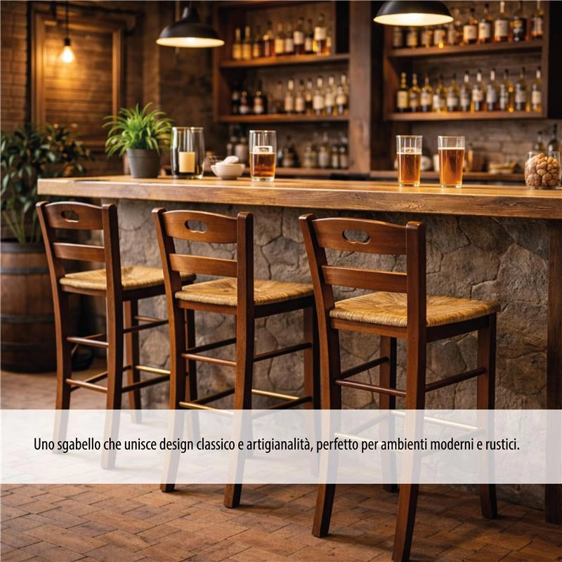 SET 4PZ SGABELLI SNACK CON SEDUTA IN PAGLIA COLORE NOCE 39X38X90CM STILE RUSTICO SCHIENALE ALTO