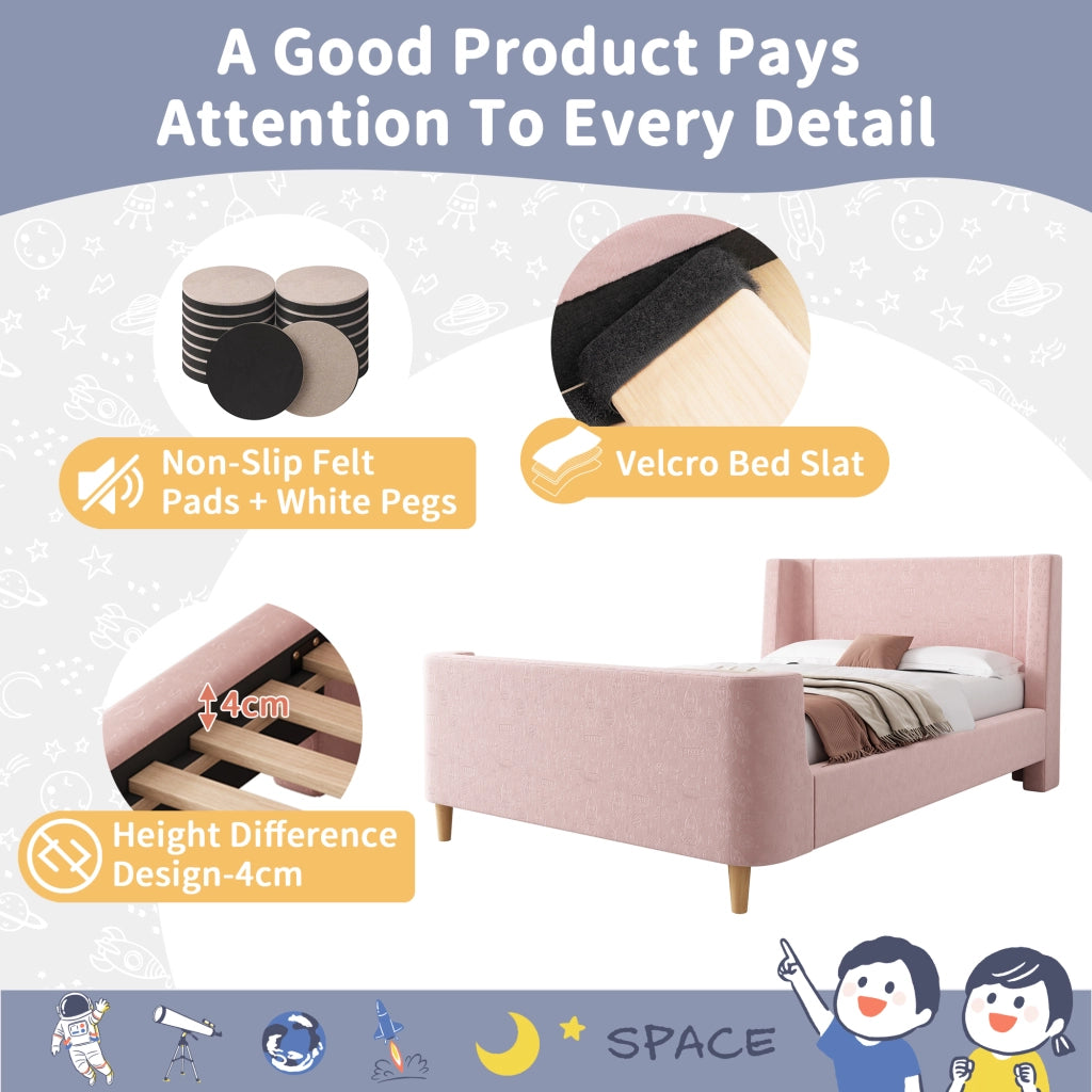 Letto per Bambini 90x200 cm - Letto a Divanetto in Velluto con Motivo Spaziale - Rosa
