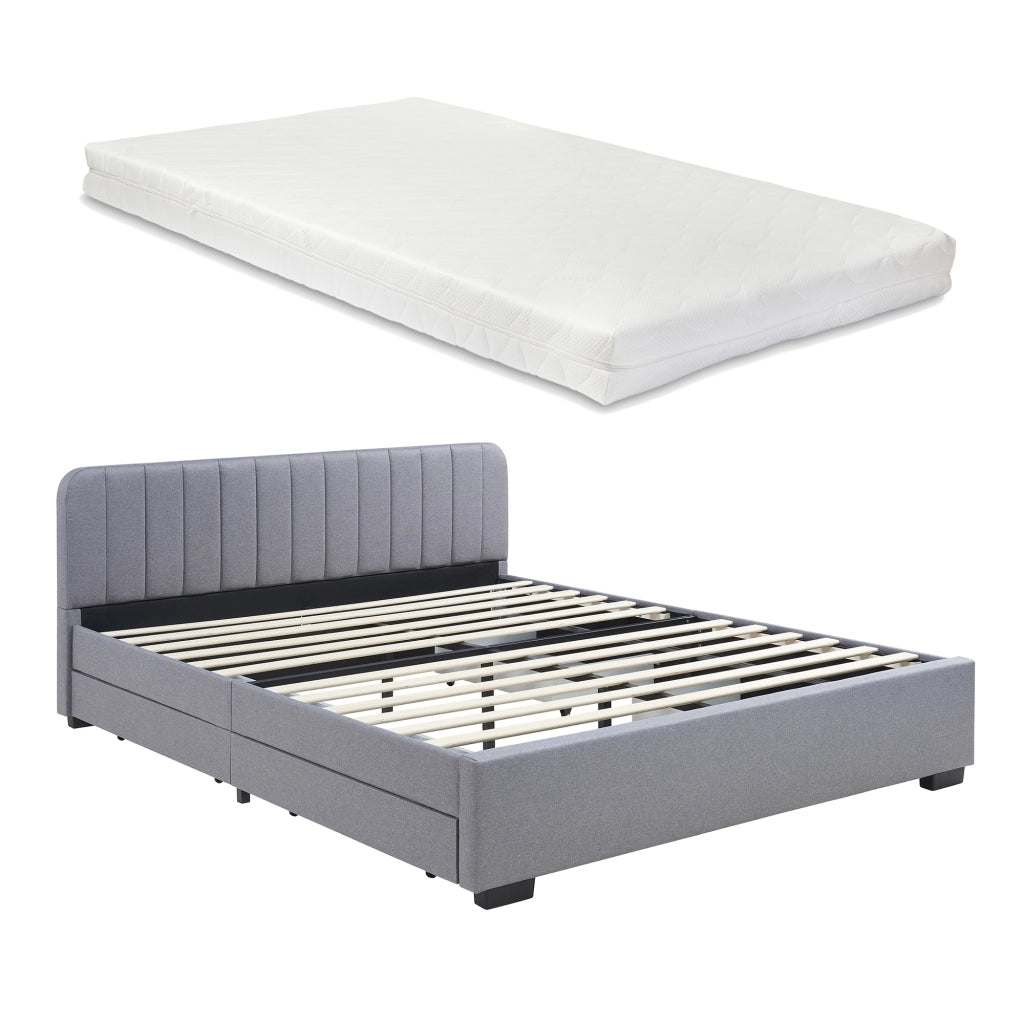 Letto Francese Nofrenna con Materasso 140x200 cm 4 Cassetti e Testiera - Grigio [en.casa]