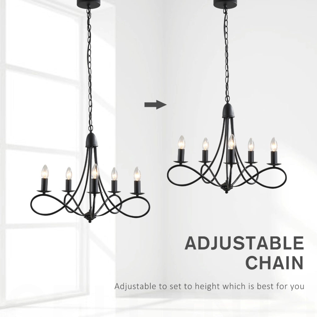 EasyComfort Lampadario a Soffitto Stile Rustico, Acciaio Intrecciato Nero con 5 Candelieri Regolabili e Pieghevoli Ф58 x 45cm