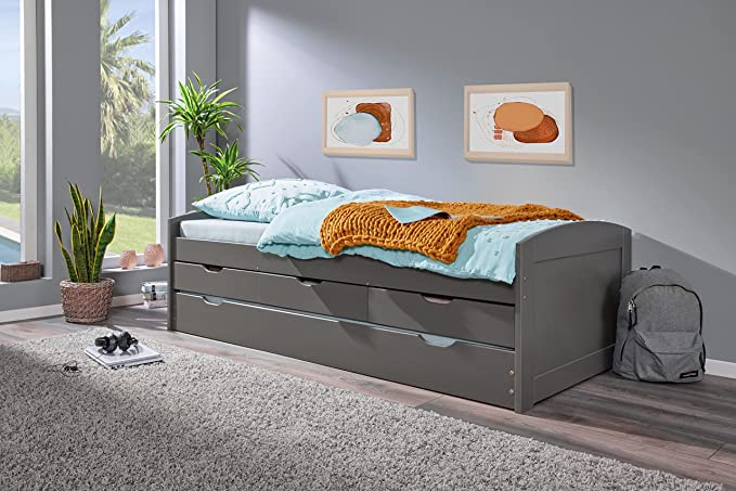 LETTO LENA CON CASSETTI CONTENITORE + SECONDO LETTO AD ESTRAZIONE 90x200 PINO MASSELLO VERNICIATO GRIGIO DOGHE INCLUSE