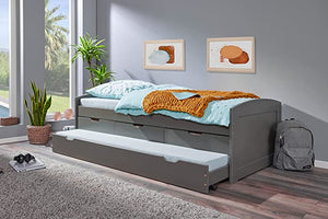LETTO LENA CON CASSETTI CONTENITORE + SECONDO LETTO AD ESTRAZIONE 90x200 PINO MASSELLO VERNICIATO GRIGIO DOGHE INCLUSE