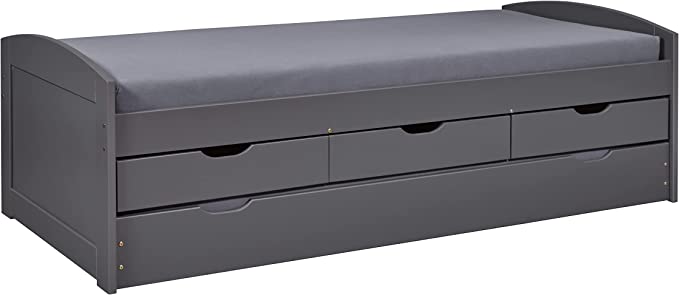 LETTO LENA CON CASSETTI CONTENITORE + SECONDO LETTO AD ESTRAZIONE 90x200 PINO MASSELLO VERNICIATO GRIGIO DOGHE INCLUSE