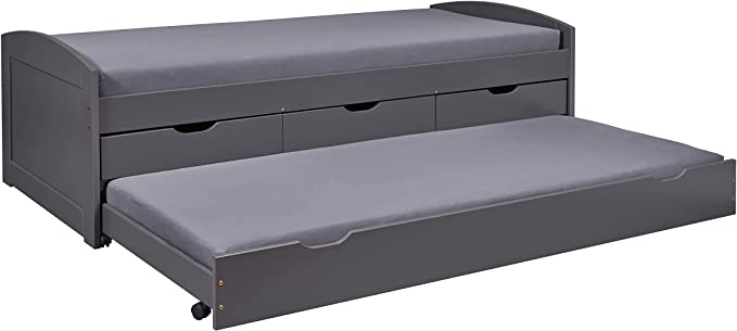 LETTO LENA CON CASSETTI CONTENITORE + SECONDO LETTO AD ESTRAZIONE 90x200 PINO MASSELLO VERNICIATO GRIGIO DOGHE INCLUSE