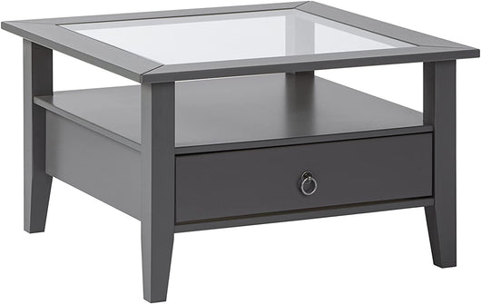 TAVOLINO PROVENCE 75x75x45H PINO MASSELLO VERNICIATO AD ACQUA GRIGIO E TOP VETRO TEMPERATO