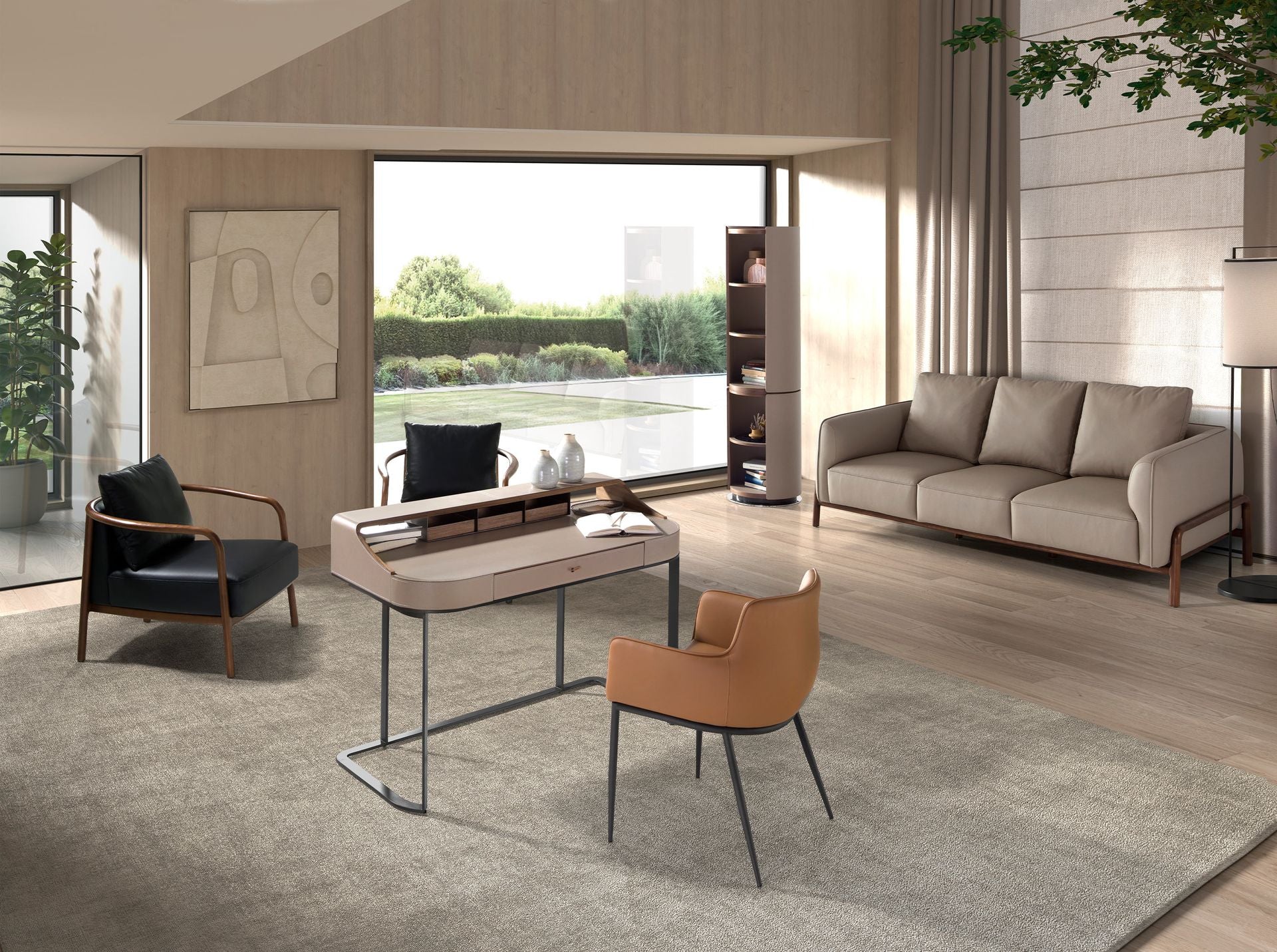 Scrivania da trucco in similpelle, noce e acciaio grigio