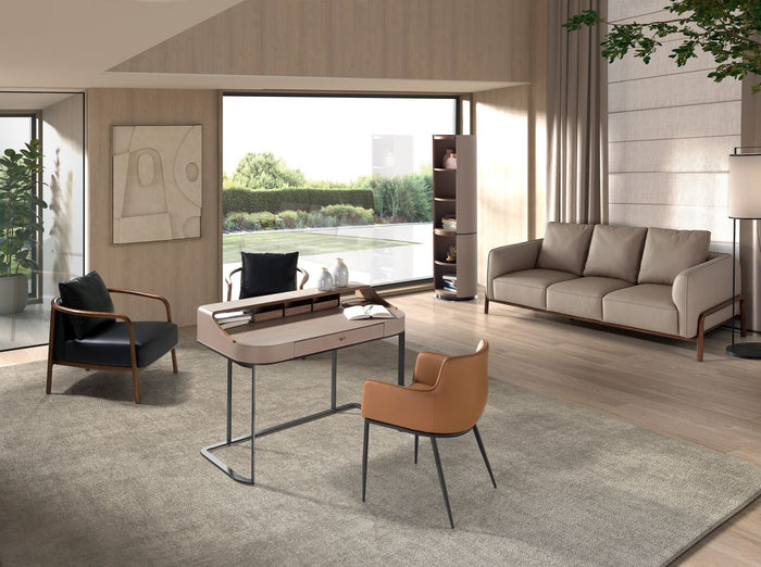 Scrivania da trucco in similpelle, noce e acciaio grigio