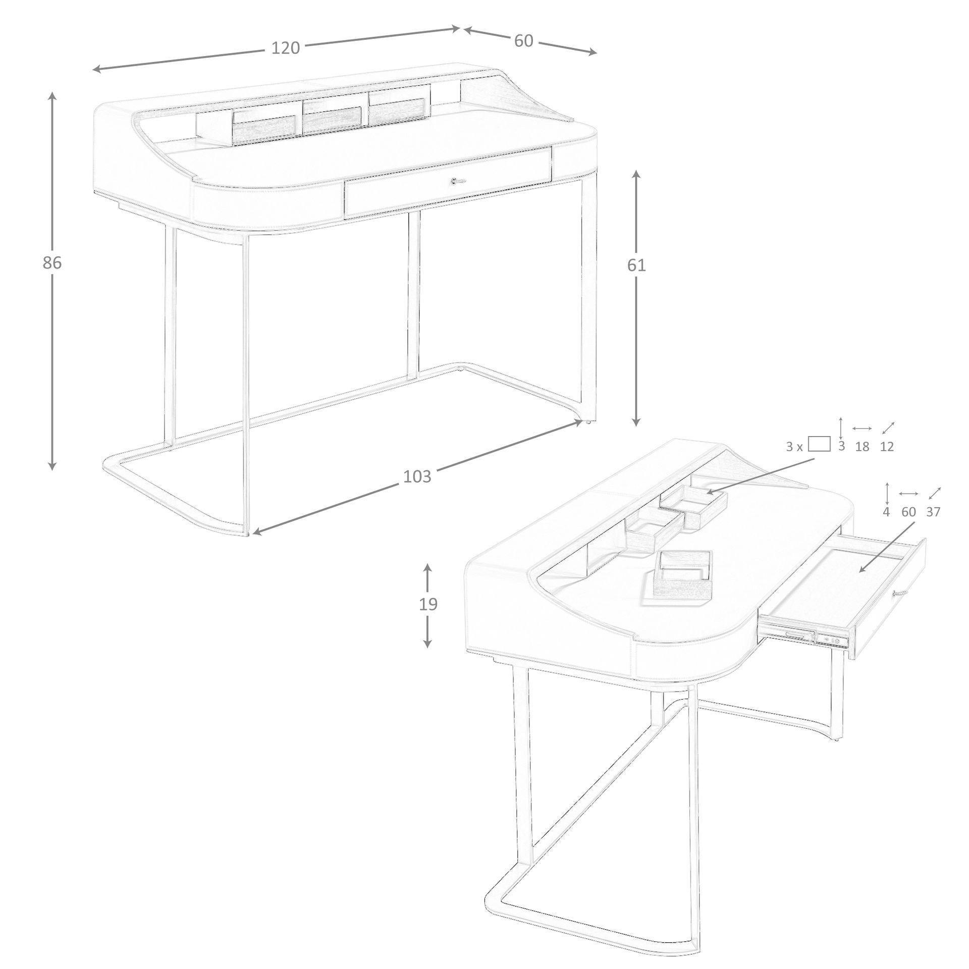 Scrivania da trucco in similpelle, noce e acciaio grigio