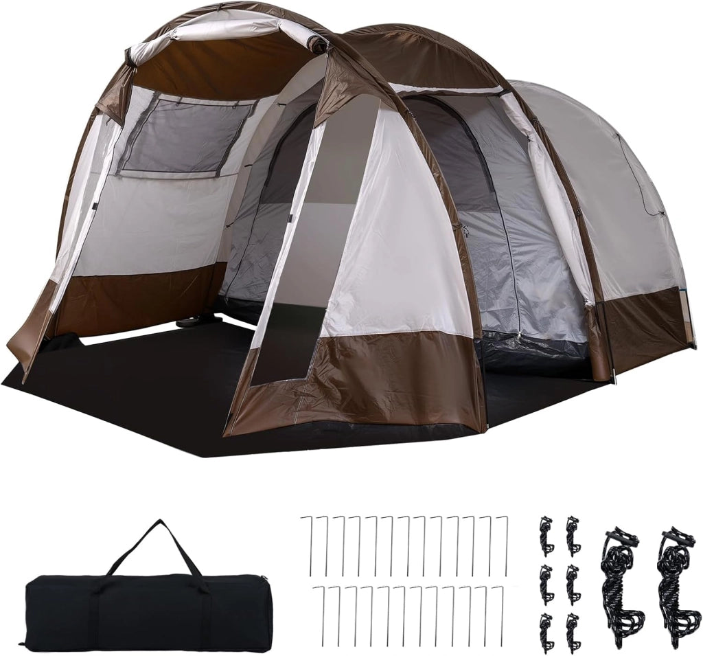 Tenda da Campeggio per 4-6 Persone, Tenda a Tunnel Familiare Impermeabile con 2 Stanze, Finestre Ventilata, Picchetti e Borsa da Trasporto, per Campeggio e Viaggi, 450 x 330 x 202 cm