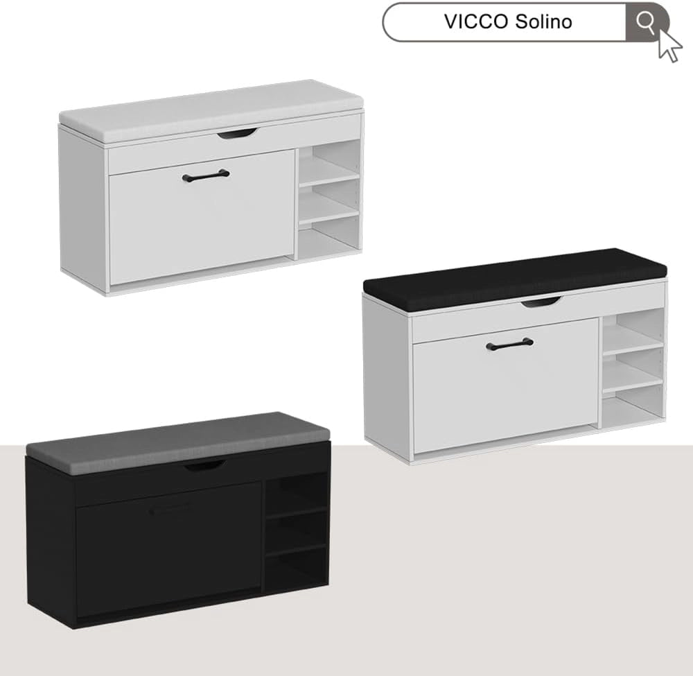 Vicco Panca scarpiera da ingresso Solino, Bianco/nero, 90 x 50 cm con sedile
