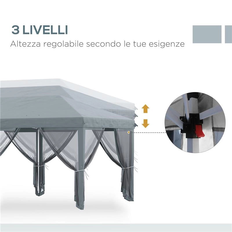 GAZEBO DA GIARDINO PIEGHEVOLE 6X3 M CON 6 ZANZARIERE E PULSANTE IN ACCIAIO E POLIESTERE GRIGIO