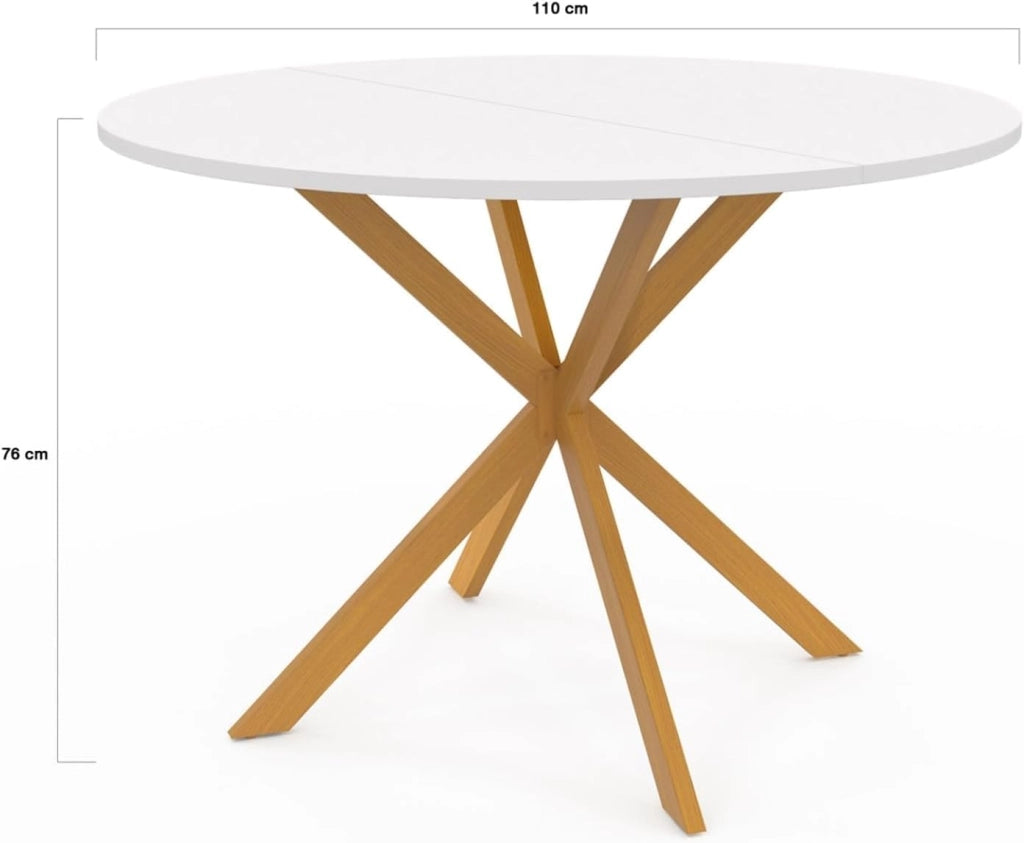 Tavolo da pranzo rotondo GISELE per 6 persone, gamba a ragno in legno, piano bianco 110 cm