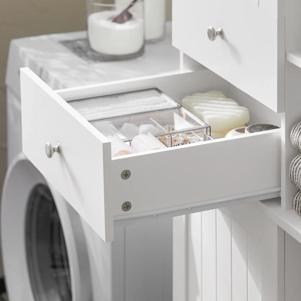Mobile Alto Con Portabiancheria Apribile Armadietto Da Pavimento Mobile Bagno Bianco 60x37x171cm BZR104-W