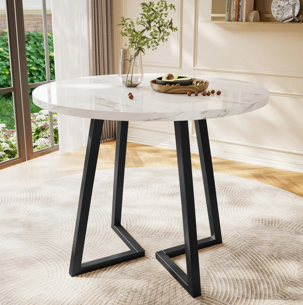Tavolo da pranzo rotondo 80x75 cm con piano effetto marmo; gambe regolabili in MDF bianco