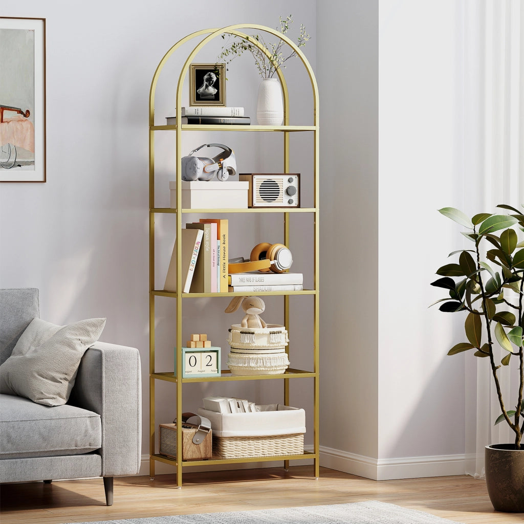 Libreria 5 Livelli in Vetro ¨C Zephmum ¨C 60x30x175 cm Dorato