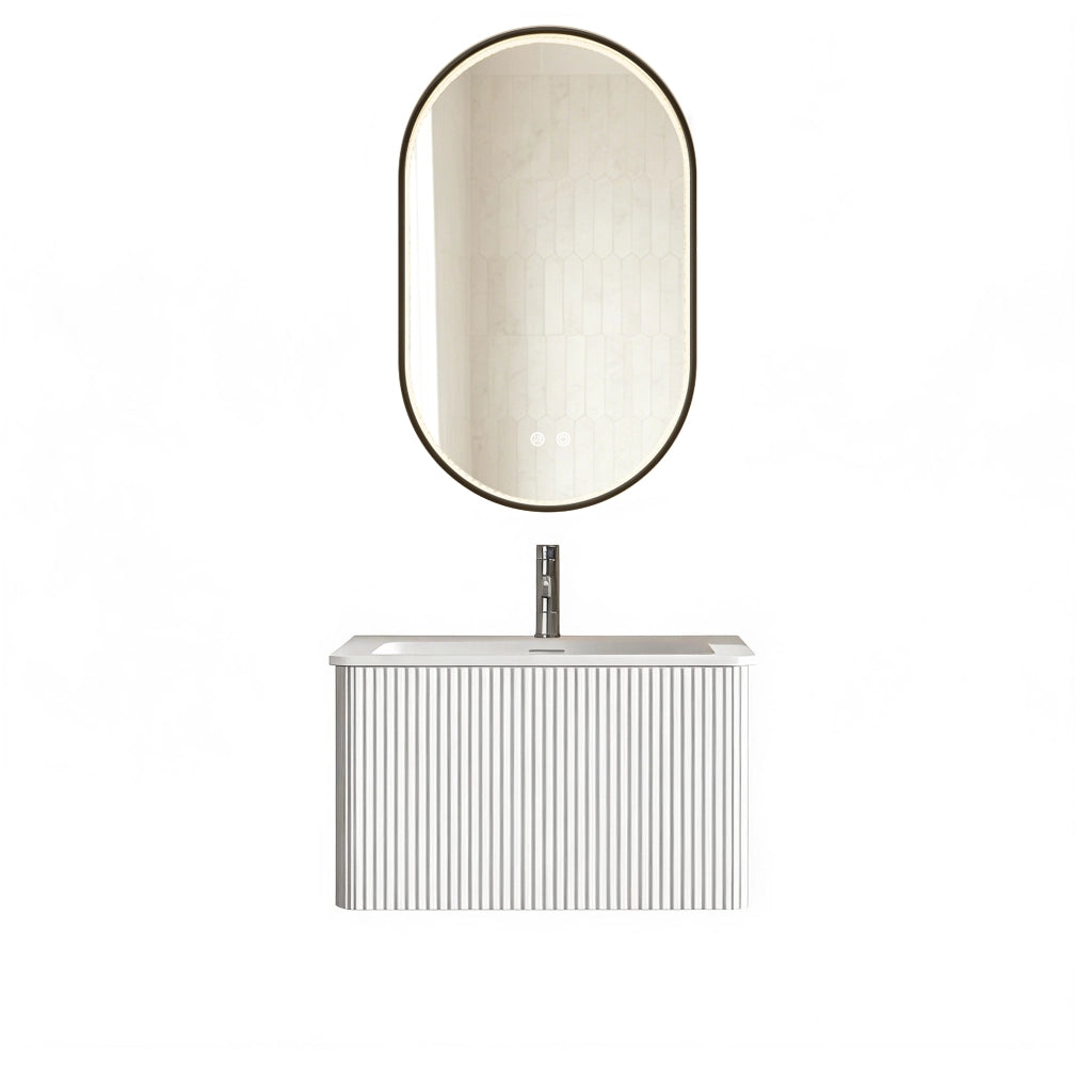 Mobile bagno con specchio LED; lavabo integrato e 1 cassetto; sospeso con antiappannamento; per bagno; bianco