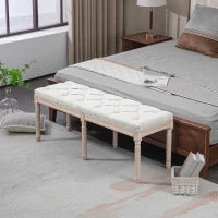 Panca Fondoletto Imbottita Stile Vintage in Tessuto e Gambe in Legno, 117x40x48 cm, Crema