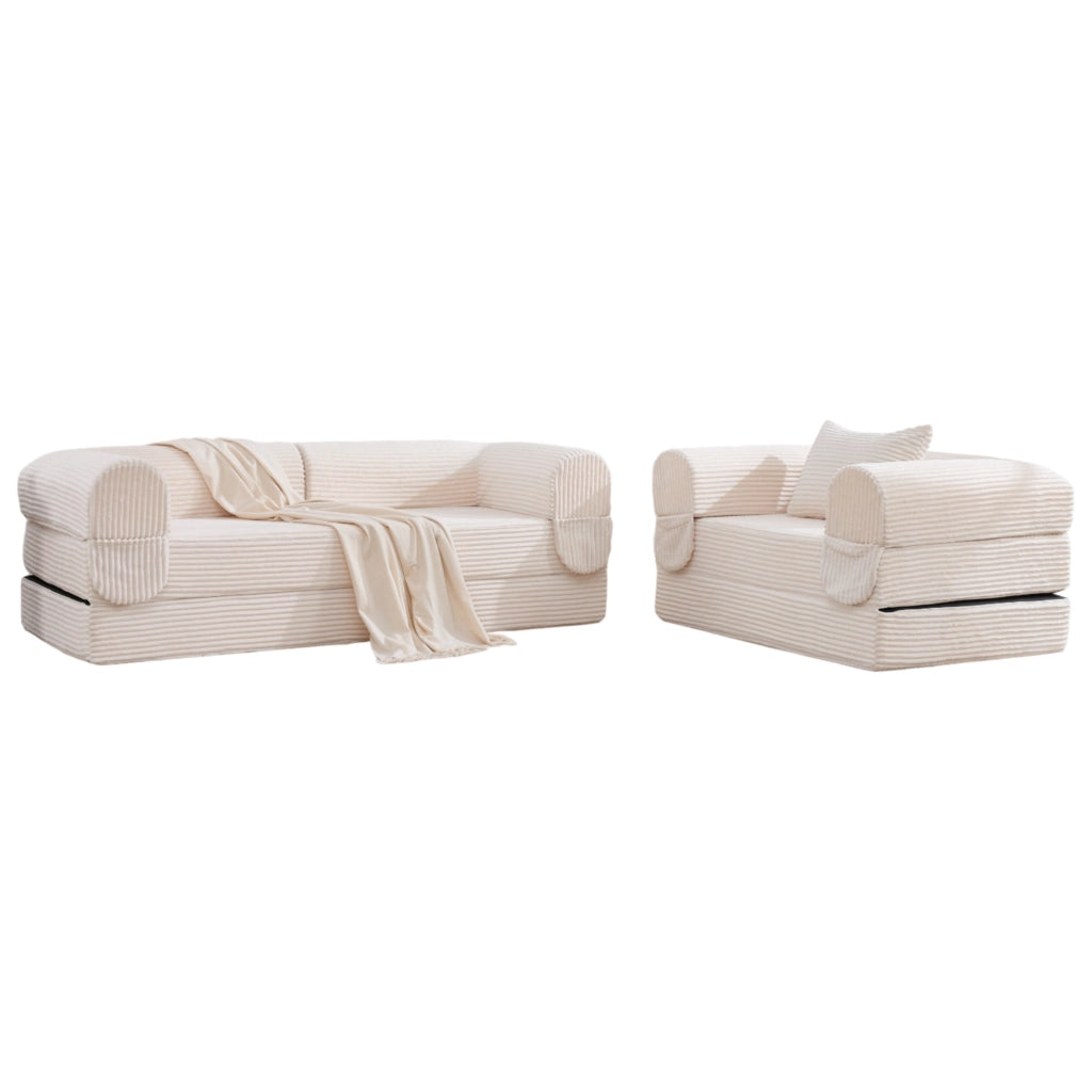 Divano Modulare 1 Posto e 2 Posti in Tessuto Corduroy Imbottito Beige