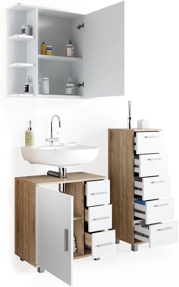 Set mobili bagno Ilias, Sonoma, 60 cm, composto da mobile sottolavabo, specchiera e mobile medio