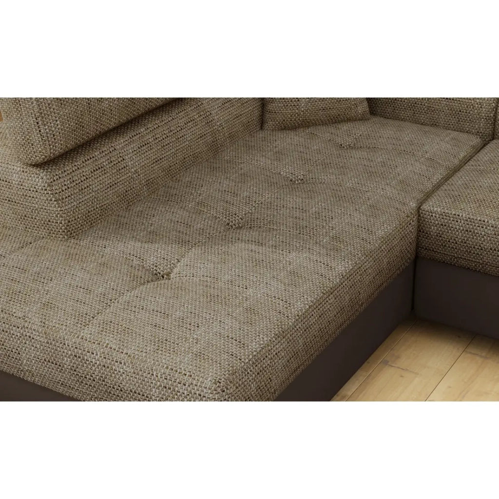 Divano angolare trasformabile MENTON beige e cioccolato bouclé – Angolo sinistro con vano contenitore