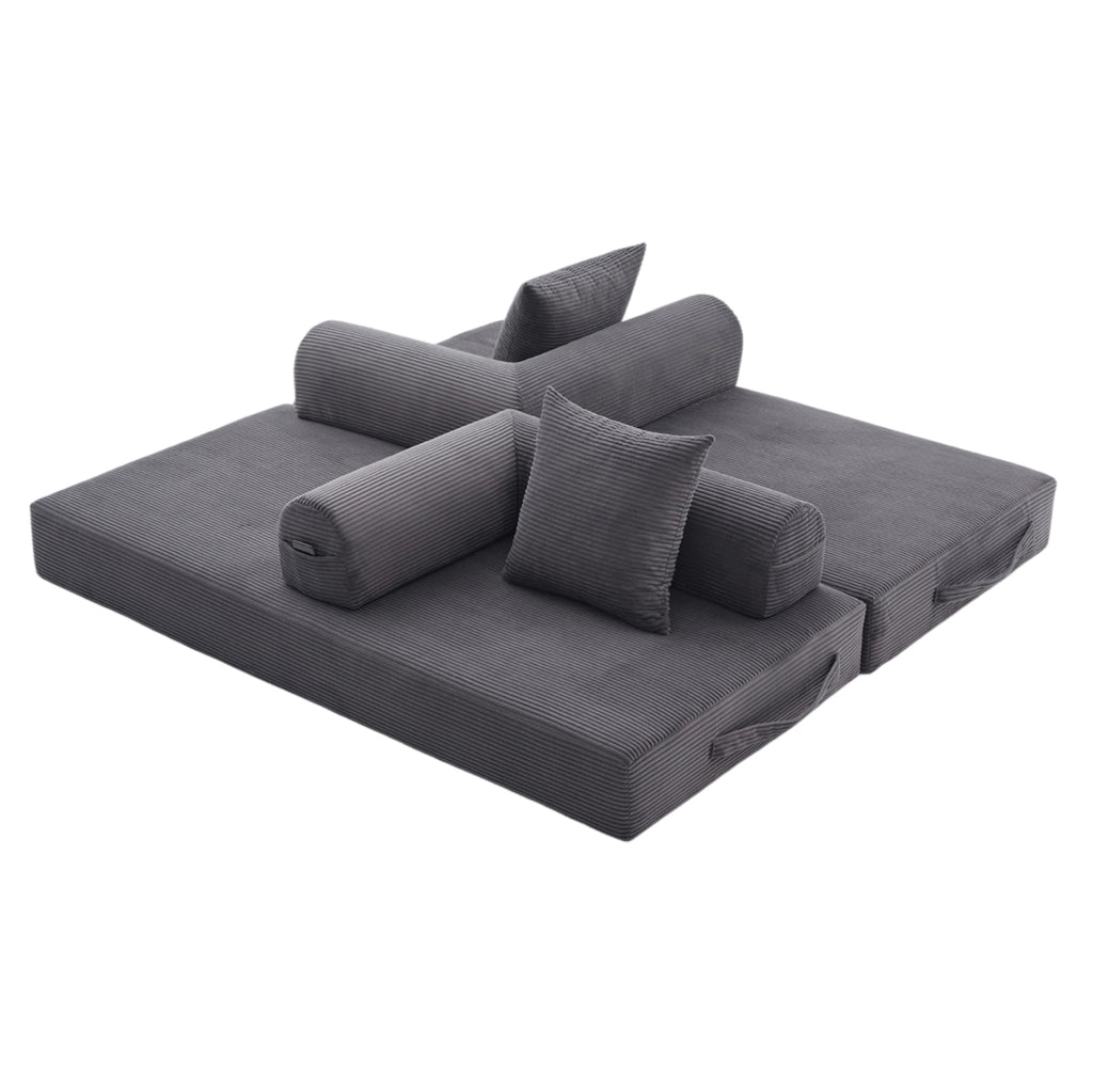 Divano modulare 200x94x67 cm con tasca laterale e 3 cuscini in corduroy grigio scuro