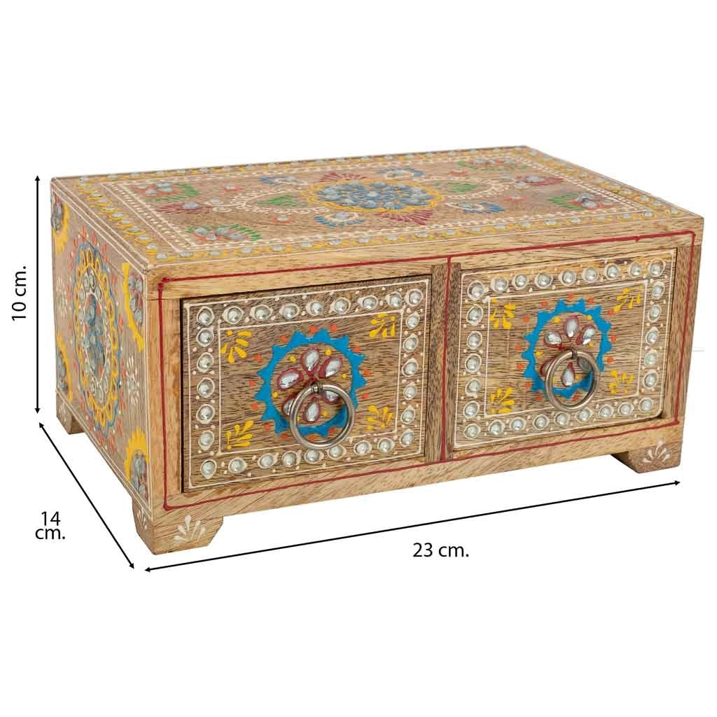 Portagioie in legno dipinto a mano con 2 cassetti marroni 23x14x10h