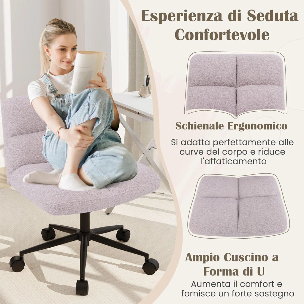 Sedia a Gambe Incrociate, Sedia da Ufficio con Ruote, con Seduta Riempita, Altezza Regolabile, Senza Braccioli, Portata 160 kg (Grigio)