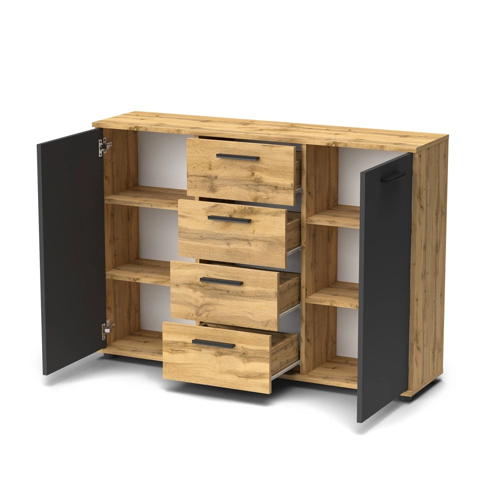 Credenza 2 ante e 4 cassetti rovere e antracite Berno4 120,2x32,5x85,3h