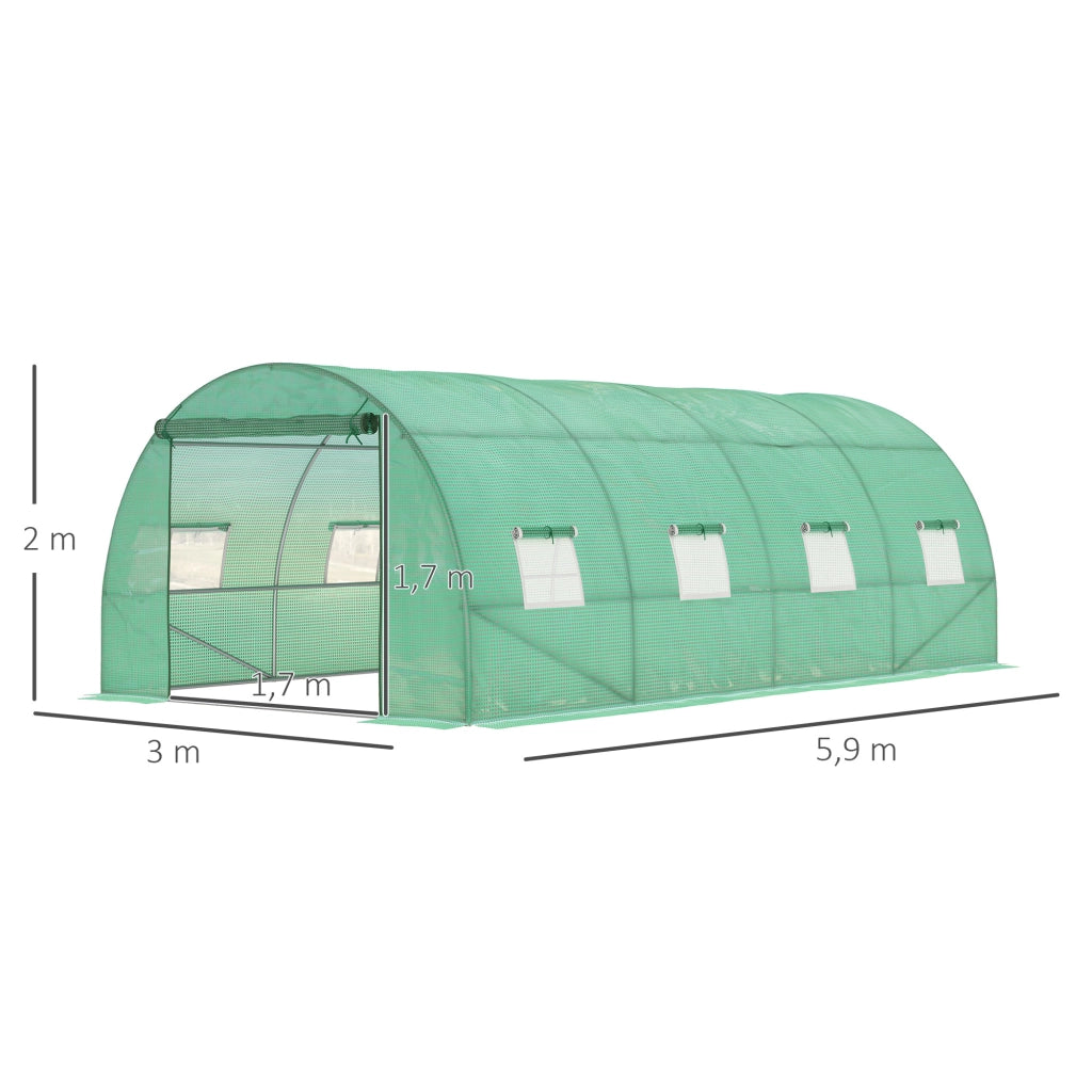 Serra a tunnel begehbar 590 x 300 x 200 cm con struttura in acciaio, copertura in plastica, porta con zip e finestre