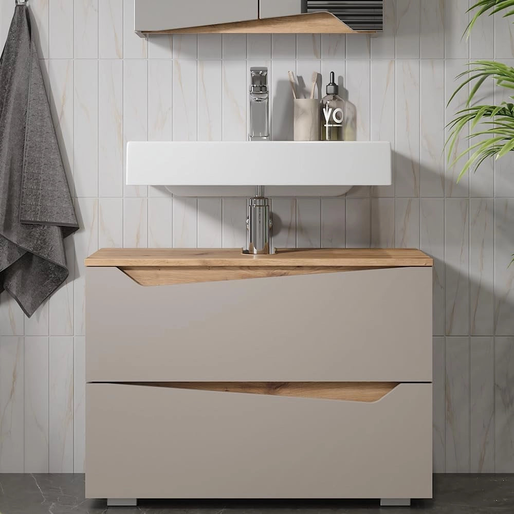 Mobile sottolavabo per bagno Marelle, Grigio, 80 x 57.5 cm con 2 cassetti, adatto per l'installazione sotto lavabi standard