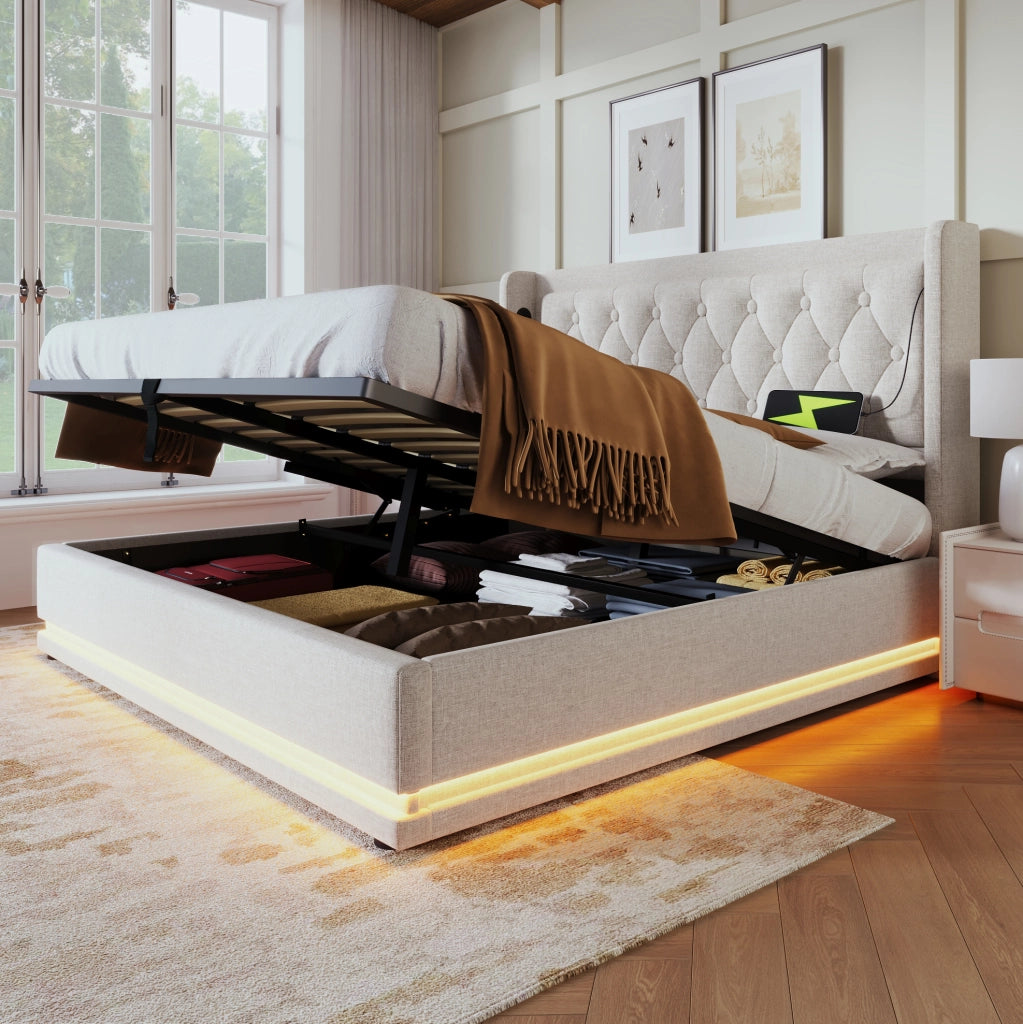 Letto matrimoniale imbottito 140x200 cm beige in cotone con contenitore; USB e LED