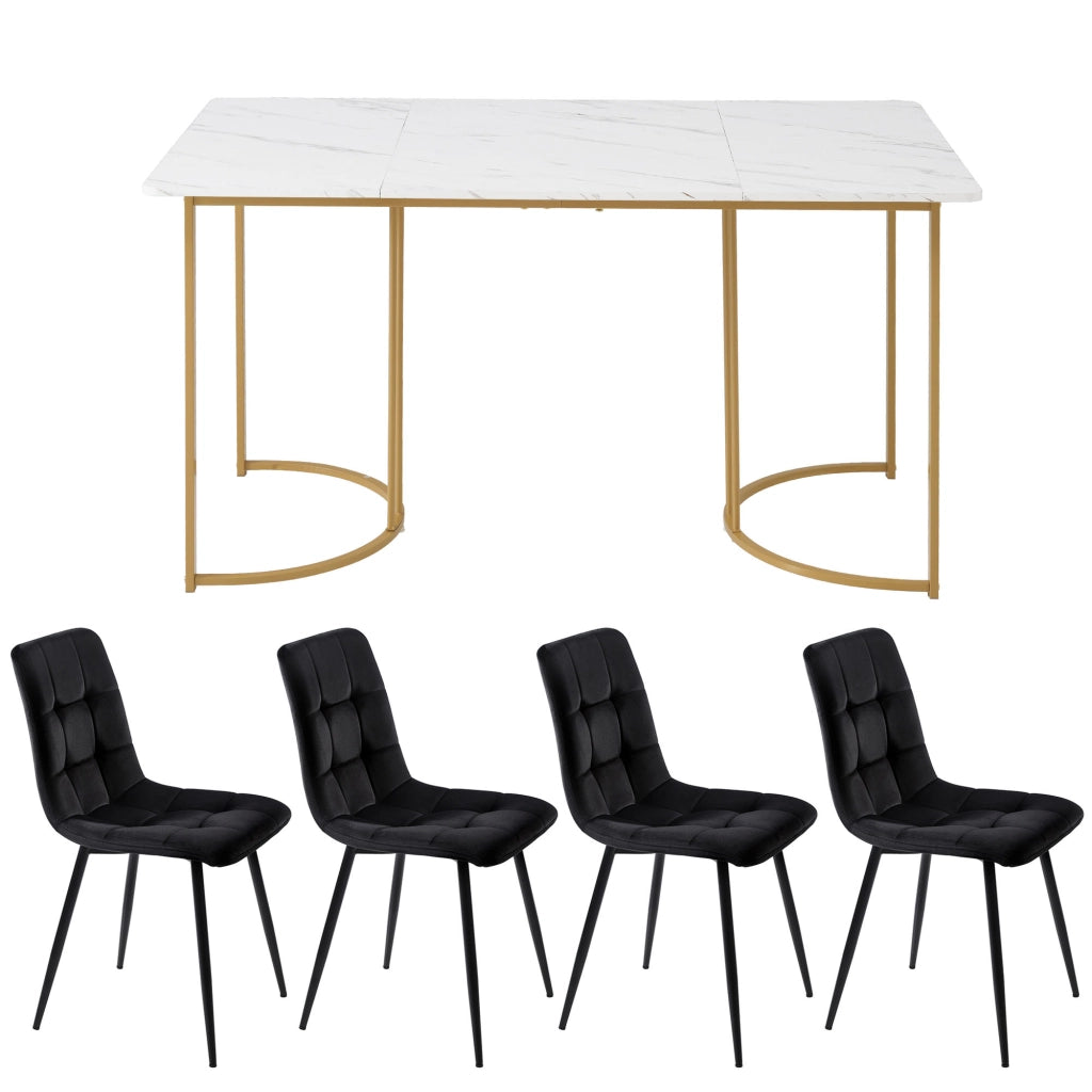 Tavolo da pranzo per 4 persone con 4 sedie in velluto, piano in MDF effetto marmo, bianco, 140 × 80 × 75 cm