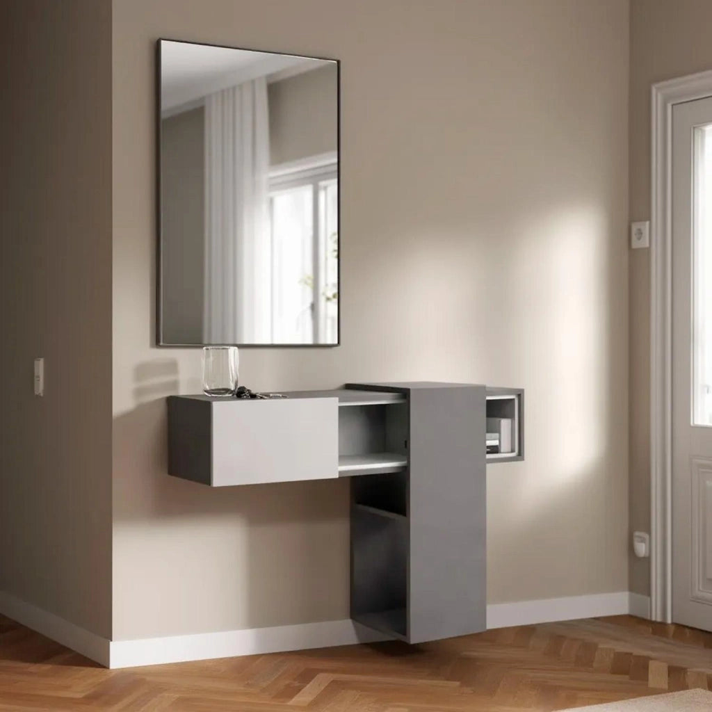 Mobile Da Ingresso Con Mensola Sospesa Specchio E Ripiani Scorrevoli Mobiletto Arredo Per Sala 100 X 31.5 X 75 Cm Grigio Scuro E Grigio Chiaro