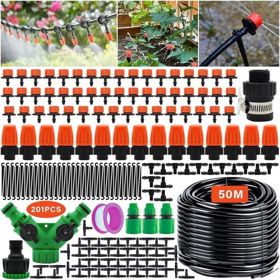 Set di irrigazione per giardino con 201 accessori e 50 m di tubo di irrigazione per piante e lettini di giardino