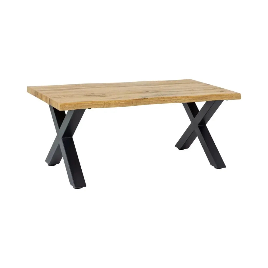 Tavolino basso RIVET effetto legno naturale e gambe in metallo nero a X - tavolo dal design industriale robusto