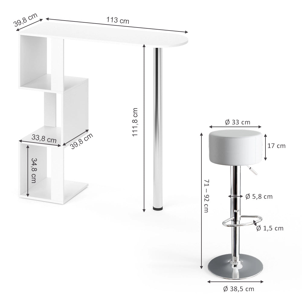Vicco Set di tavoli da bar Bianco 113 x 39.8 cm con 2 sgabelli da bar