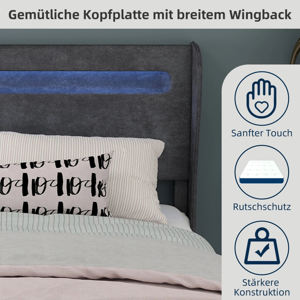 Letto Basso 140x200 cm - LED Regolabile; Schienale Regolabile - in Tessuto e Metallo Grigio