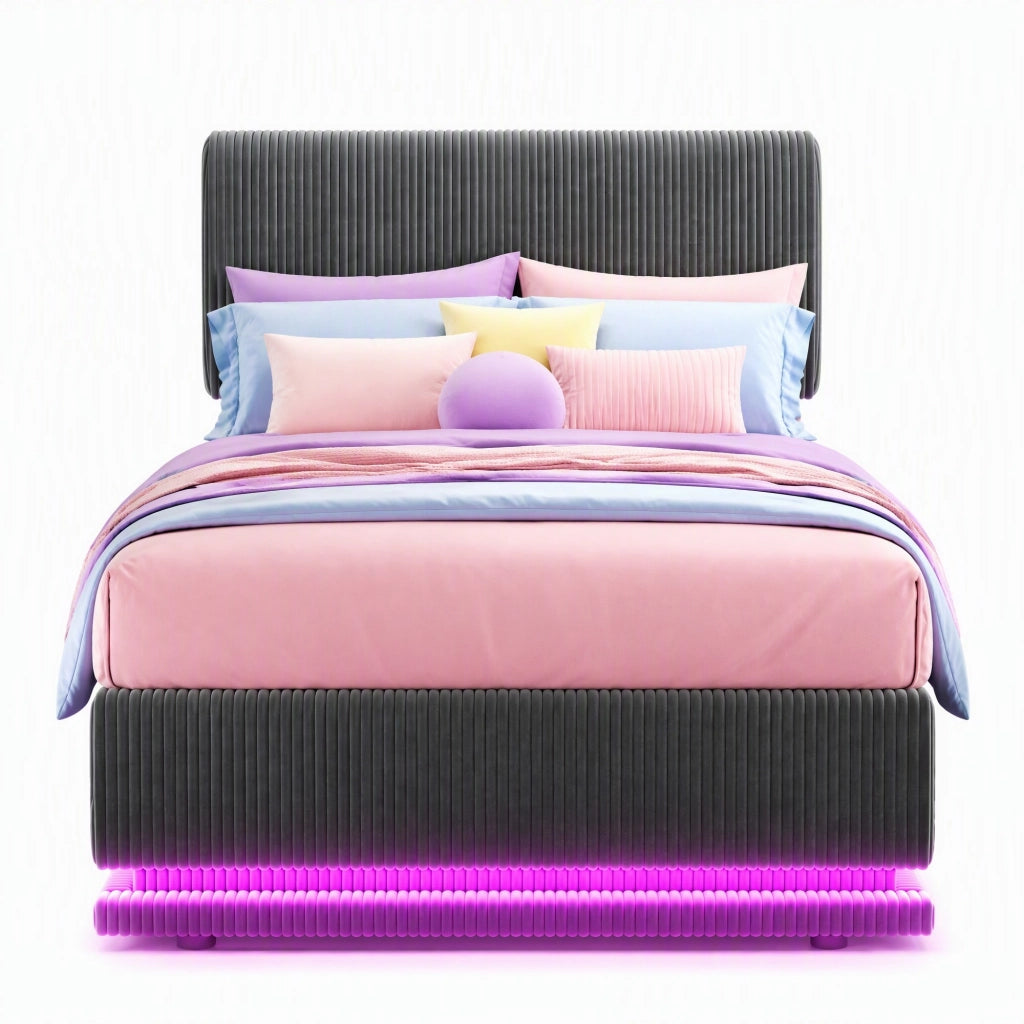 Letto imbottito con LED e USB-C 90x200 cm; tessuto corduroy grigio scuro