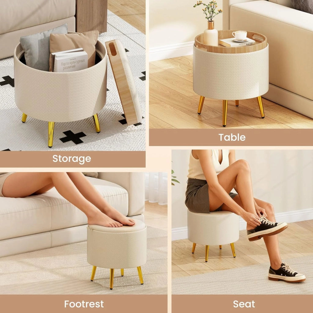 Set di 2 sgabelli rotondi bassi da 23 l + 6 l, pouf portaoggetti con coperchio reversibile e spazio di archiviazione, imbottiti, in ecopelle, ottomane, per soggiorno, camera da letto, ingresso