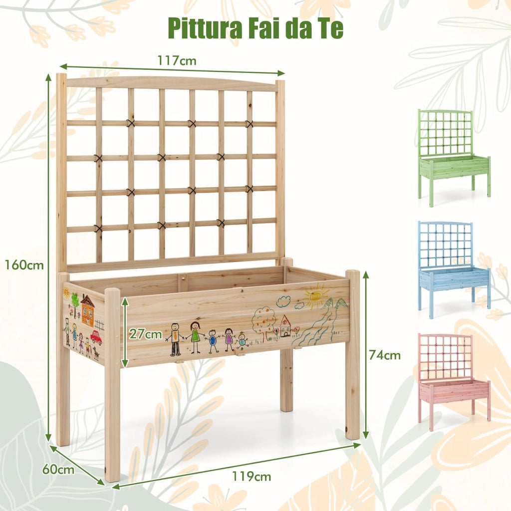 Letto da Giardino Elevato con Traliccio per Rampicanti, Fori di Drenaggio, Fioriera Rialzata in Legno con Grigliato e Piedi per Rampicanti, Fiori, Erbe, Verdure, Frutta, Balcone, Carico 80 kg