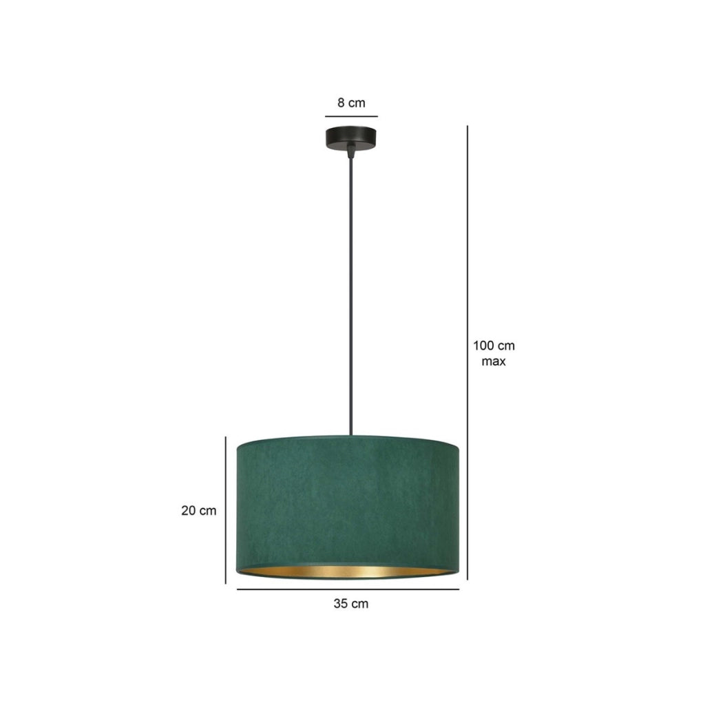 Lampada a sospensione HILDE con paralume in velluto verde e interno oro