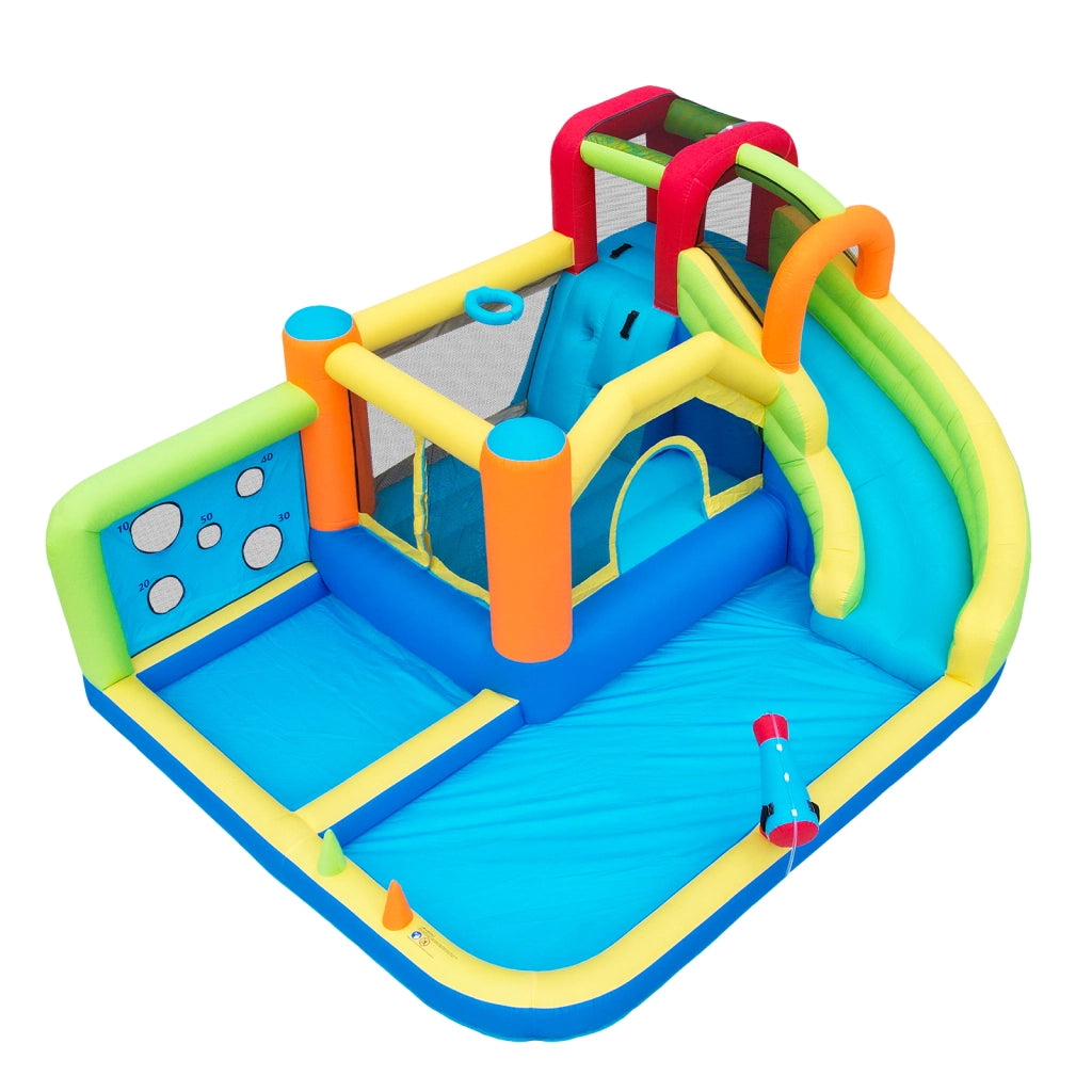 Castello gonfiabile multifunzione con scivolo d'acqua trampolino parete da arrampicata e soffiatore 450 W in tessuto oxford blu